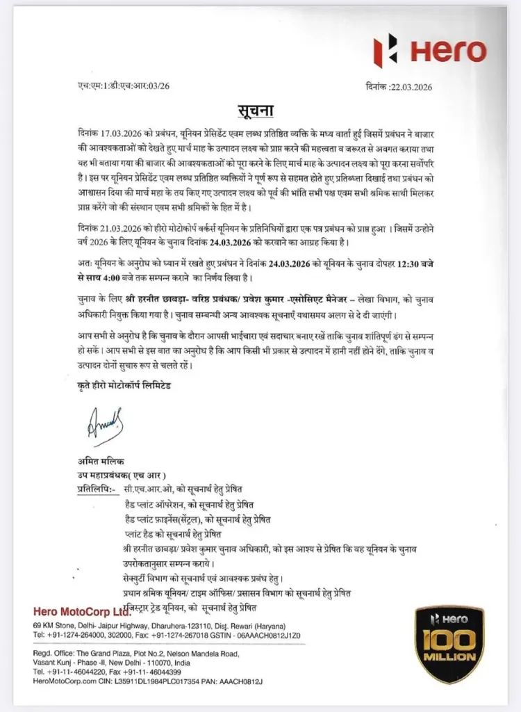 Hero Motocrop Dharuhera में कर्मचारी यूनियन चुनाव 24 को, जानिए किसका पलडा है भारी