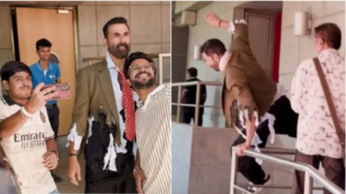 फटे-चिथे कपड़ों में दिखे अक्षय कुमार, अचानक सीढ़ियों से कूदकर किया सबको हैरान
